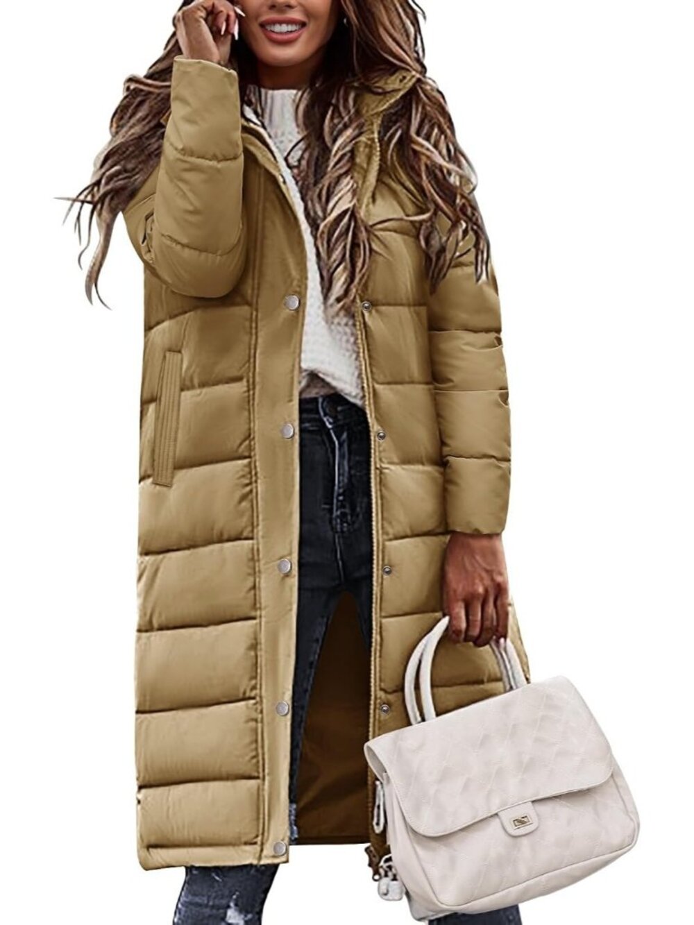 Women's Khaki Winter Long Puffer Coat Quilted Warm Jacket with Side Zippers